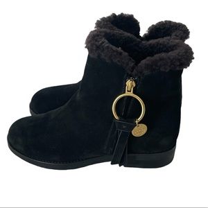NWOB See By Chloe Louise Black Suede Shearling Lined Ankle Boots 36 (EU) 6 (US)